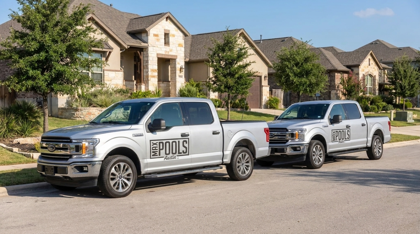 Two identical Max Pools Austin branded trucks parked curbside back to back in an Austin neighborhood